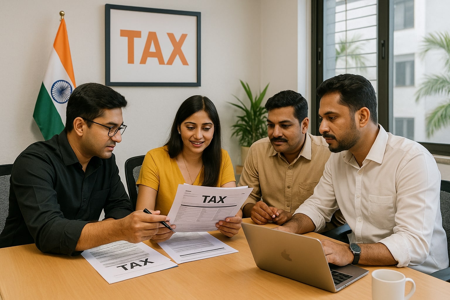 Indian professionals discussing tax documents in a modern Mumbai office